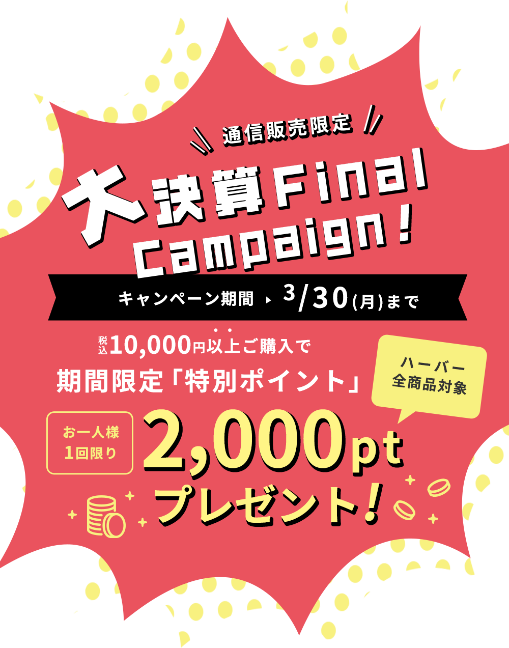 通信販売限定 大決算ファイナルキャンペーン！キャンペーン期間 3/31(火)まで 税込10,000円以上ご購入で期間限定「特別ポイント」2,000ポイントプレゼント！お一人様1回限り ハーバー全商品対象