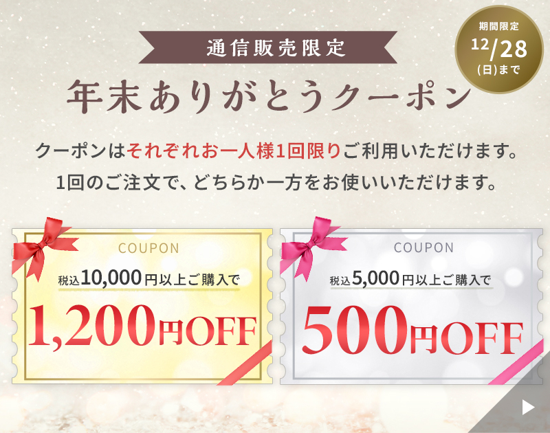 年末ありがとうクーポン 税込10,000円以上ご購入で1,200円オフ、税込5,000円以上ご購入で500円オフ